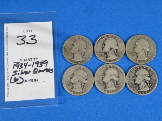 SIX 1934-1939 Silver Quarters