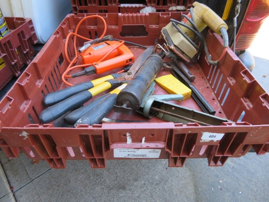 Crate of tools, sander, saw, grease gun, etc