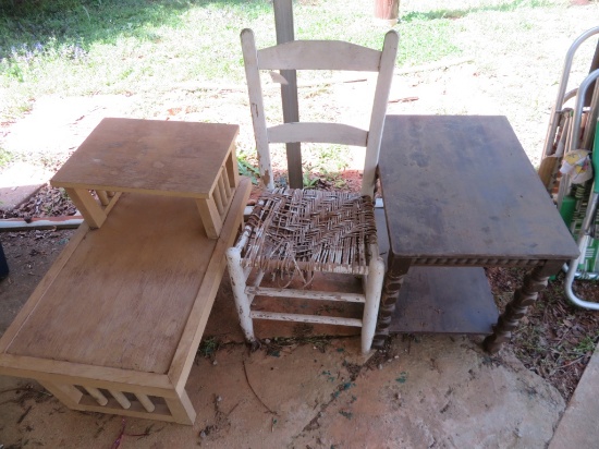 2 Wood Tables and a Wicker Bottom Chair
