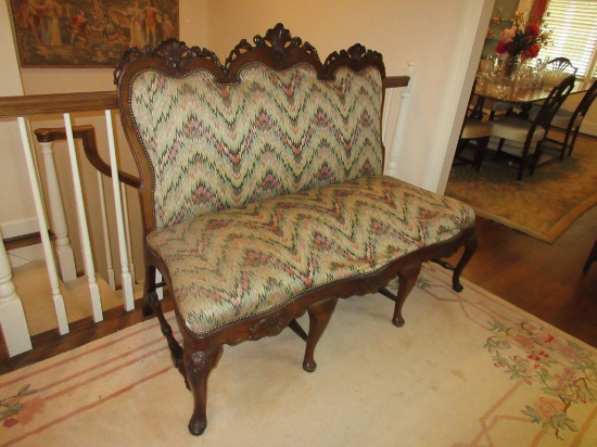 Walnut Armless English Sofa w/ Cabriole Legs w/ Shell Carved Knees & Turned Stretchers