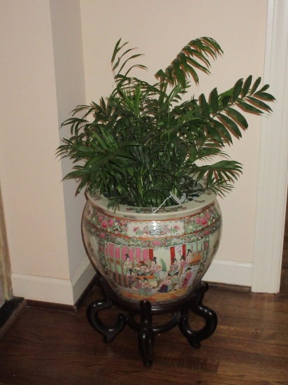 Chinese Porcelain Fish Bowl  w/ Teak Stand