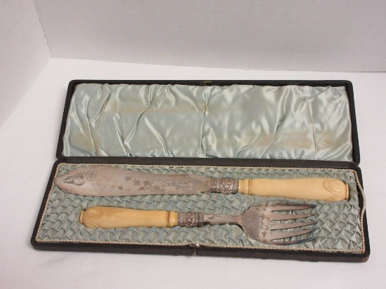 Pair Early English Sterling Fish Servers (Fork & Knife) w/ Pre Ban Ivory Handles