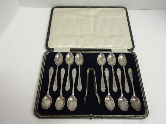 Set (12) English Sterling Teaspoons w/ Sugar Tongs