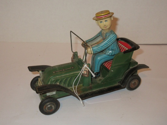 Tin Litho Early Automobile w/ Sporty Driver & Working Friction Device