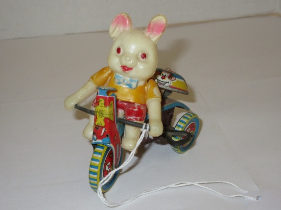 Bunny on Tricycle Tin Litho Wind-up Toy made in Japan