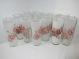 12 Satin Glass Iced Tea Glasses w/ Hand painted Roses - 7