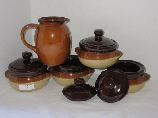 4 Individual Pottery Bean Pots & Brownware 4” Pitcher