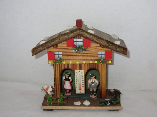 West German Wood Carved Thermometer House w/ Girl & Boy