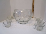 Pressed Glass Punch Bowl & 8 Cups - 9 1/2