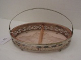Pink Depression Early Divided Pickle Dish w/ Silver-plate Basket