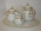 Lovely Ceramic Coffee Service (pot - creamer - sugar & Tray) white with gold accents