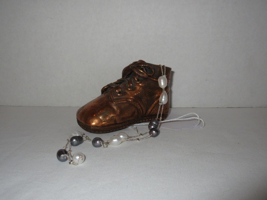 Lot- Vintage Bronzed Baby Shoe & Pearl Necklace