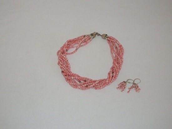 Faux coral multi strand necklace with matching earrings
