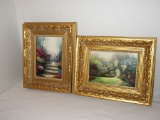 Pair of Prints - lovely garden scenes - gilded frames