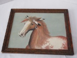 Oil on board of horse with carved wooden frame