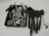 Lot -caddy with stainless tableware & misc. plastic utensils