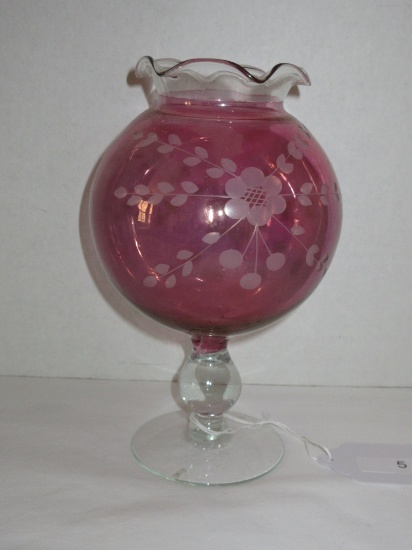 Etched Glass Rose Bowl w/ Footed Base