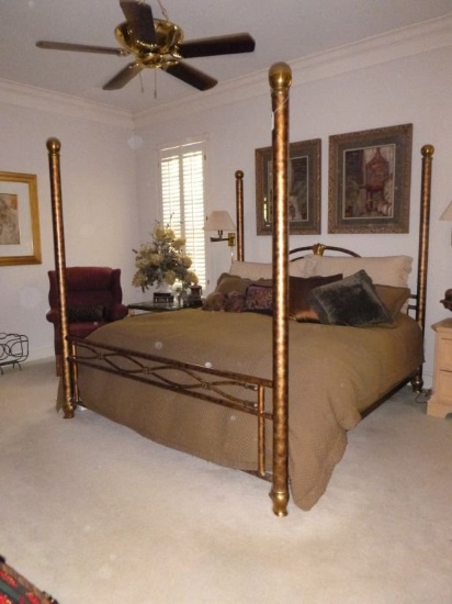 Awesome King-size Brass Bed subdued hand painted finish w/ massive brass feet on each bed post