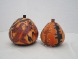 Pair Hand painted Peruvian Carved Lidded Gourd Boxes