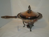 Silver-plate Chafing Dish w/ Wooden Handles w/ Glass Insert and fuel container