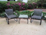 Two Metal & Mesh Patio Chairs & Accent Tables