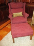 Wing Back Chair In Burgundy w/ Foot Stool