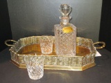 Brass Handled Tray w/ Woven Gallery & Galway Pattern Decanter by Wedgwood & 2 Lenox Glasses