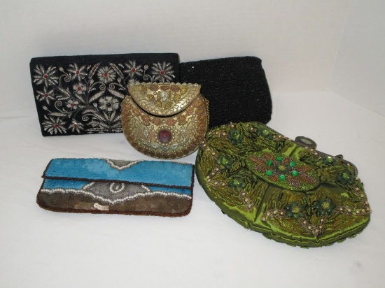 Lot - 5 Beaded Evening Bags - 1 - metal embossed bag w/ shoulder chain