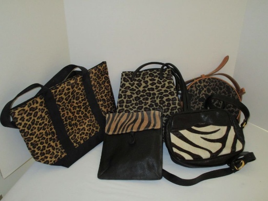 Lot - 5 Animal Print Handbags - 1 - small fabric leaopard print bucket bag