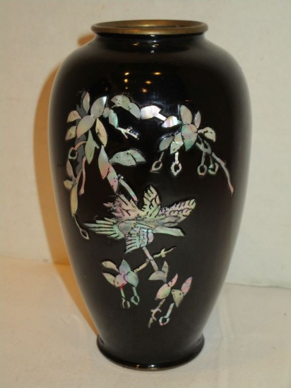 Vintage Enamel over Copper Vase with Abalone Inlay