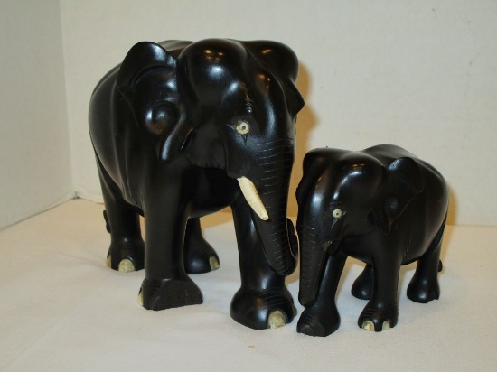 Pair Ironwood Elephants with Pre-ban Ivory Accents