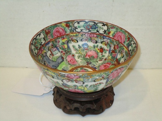 Vintage Chinese Bowl in Rose Famille Style with Stand