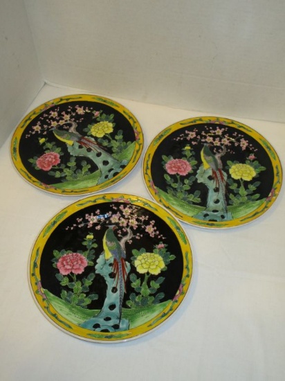 Lot - 3 Matching Chinese Plates Depicting Birds