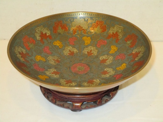 Vintage Enamel over Brass Bowl with Stand