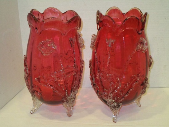 Exquisite Pair of Victorian Era Cranberry Hand Blown Glass Vases