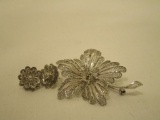 Lan Lou Sterling Floral Design Brooch and Pierced Earrings