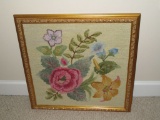 Vintage Gilt Framed Hooked Rug - Floral Textile