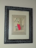 Early Framed Watercolor of Young Girl on Balcony w/ Silk Embroderied Dress