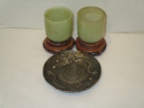 Lot - Jade Votives & Metal Dish from Szechuan Province