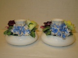 Pair of Randor Bone China Candlesticks with Applied Floral Design