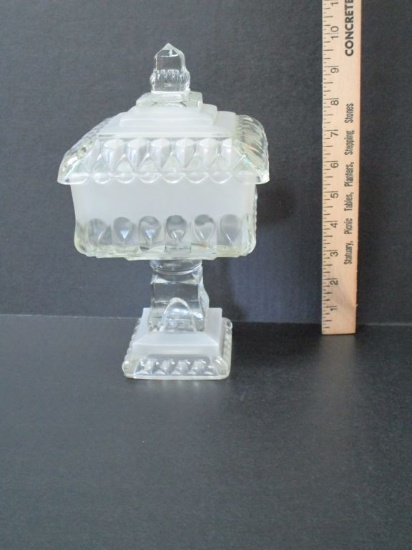 Frosted & Clear Glass Pedestal Covered Candy Dish
