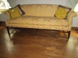 Chippendale Style Down Cushioned Sofa w/ Regal Damask Gold Satin Weave Upholstery