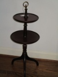 Petite Mahogany Two Tier Pedestal Dumbwaiter Table w/ Brass Ring Finial