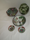Lot - Assorted Asian Dishes - Small Ginger Jar w/ Lid, Famille Rose Bowls & Other