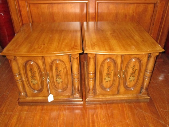 Pair - Oak End Tables - These have painted floral décor on door panels.