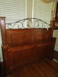 Queen Size Oak Bed w/ Metal Accents - Includes Headboard, Footboard and rails