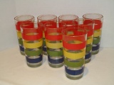 Lot - 8 Ice Tea Glasses w/ Multi Color Band Design