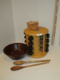 Lot - Kitchenware - Spice Rack, Wooden Bowl, etc.