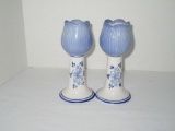 Pair - Delft Tulip Candle Holders- Sweet Pair.