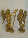 Musical Angel Figurines - Depicts One Playing Horn & The Other a Harp